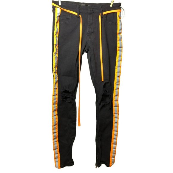 KDNK Men's Sz 32 Stretch Destroyed Knee, Ankle Zip, Black w/Orange Stripe & Draw - Picture 1 of 8